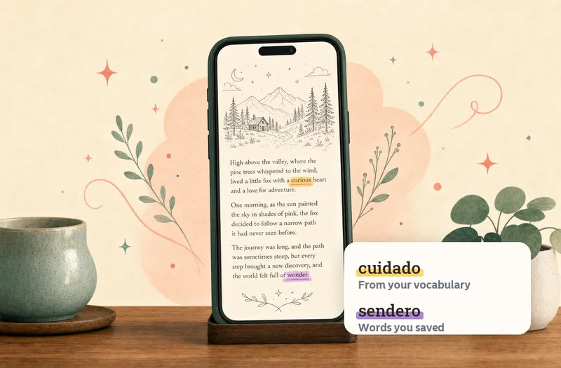 Illustration of a phone showing a story with saved words highlighted in the text, and cards naming two words from your vocabulary.